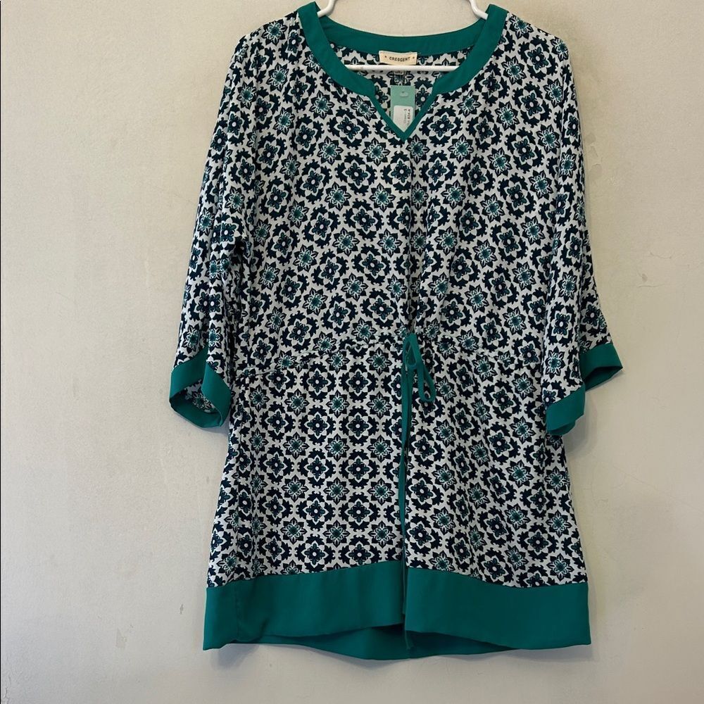 Crescent Allium green white patterned tie waist tunic Size S New